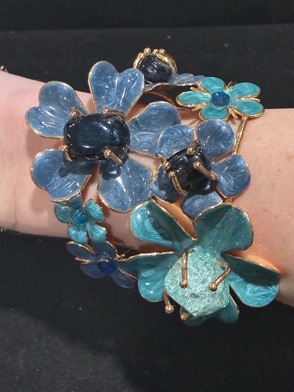 Vintage 3 Dimensional Gold Tone Blue Enamel Flower Statement Cuff Bracelet